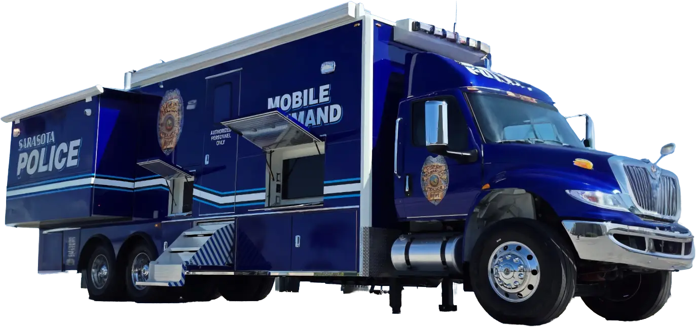 A large blue Sarasota Police Mobile Command vehicle with multiple compartments open and official police markings, parked with no visible background.