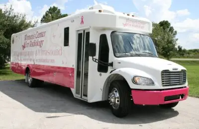A large white and pink mobile medical unit is parked on pavement. The vehicle displays Womens Center for Radiology and Mammography & Ultrasound on the side, along with a pink ribbon symbol. Trees and cloudy sky are in the background. Women’s Center for Radiology