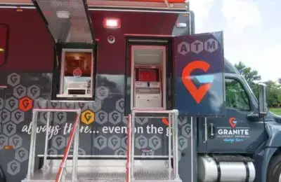 A mobile banking truck with Granite branding features an ATM accessible via a set of stairs, and a service window to the left. The truck exterior is dark with repeating logos and text that reads, always there... even on the go. Granite Credit Union