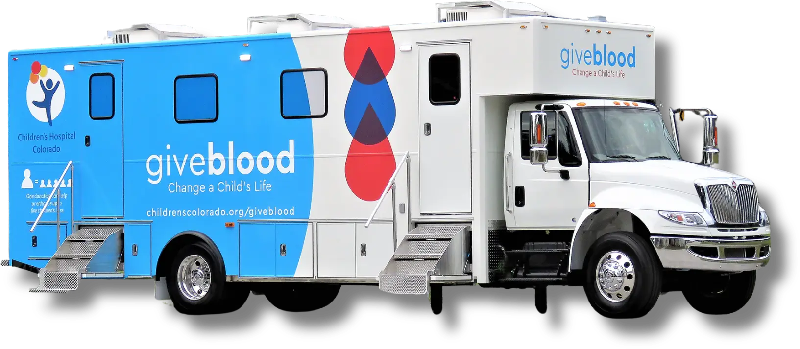 A white and blue mobile blood donation truck with two entry doors and stairs, featuring “giveblood” and “Children’s Hospital Colorado” logos, highlights the impact of blood donation on pediatric care and changing a child’s life.