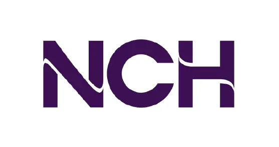 The image shows the letters NCH in bold, dark purple uppercase font on a white background, with curved white lines intersecting the N and H, evoking the streamlined design of a Mobile Command Center vehicle.