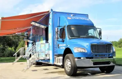 A large blue PNC Bank truck with an awning extended and stairs leading up to open service windows, parked on a paved area with grass and trees in the background. PNC Bank