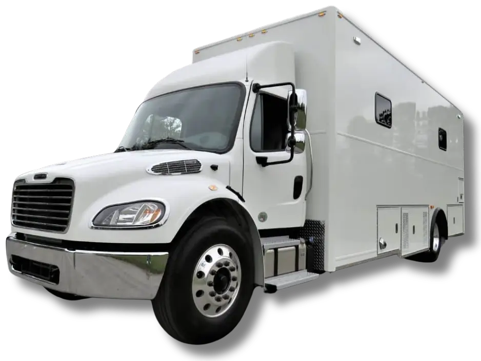 Large white box truck with a cab in front and a spacious cargo or equipment area in the rear, viewed from a front-side angle, isolated on a white background—ideal for aerospace or defense applications by Northrop Grumman.