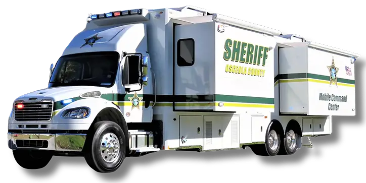 Large white Osceola County Sheriff’s Public Safety Vehicle labeled “Sheriff Mobile Command Center,” with blue and red emergency lights and multiple compartments along the side.