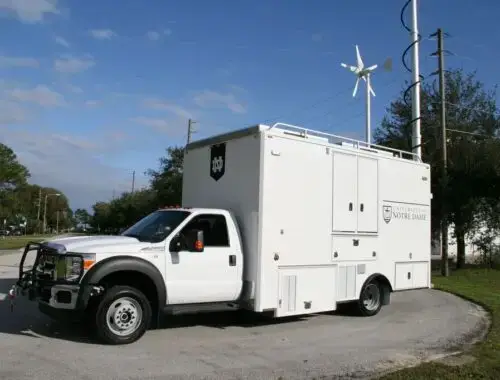 A large white truck with the University of Notre Dame logo is parked on a road near utility poles and trees, under a partly cloudy sky. The truck has a wind turbine mounted behind it.